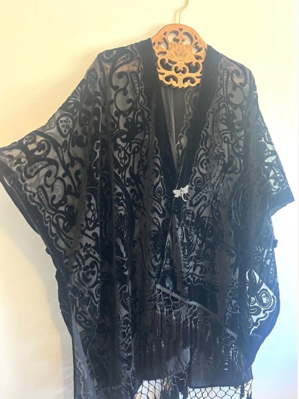 Black Velvet Kimono, with added vintage glass Dragonfly brooch, Semi Sheer, Velv
